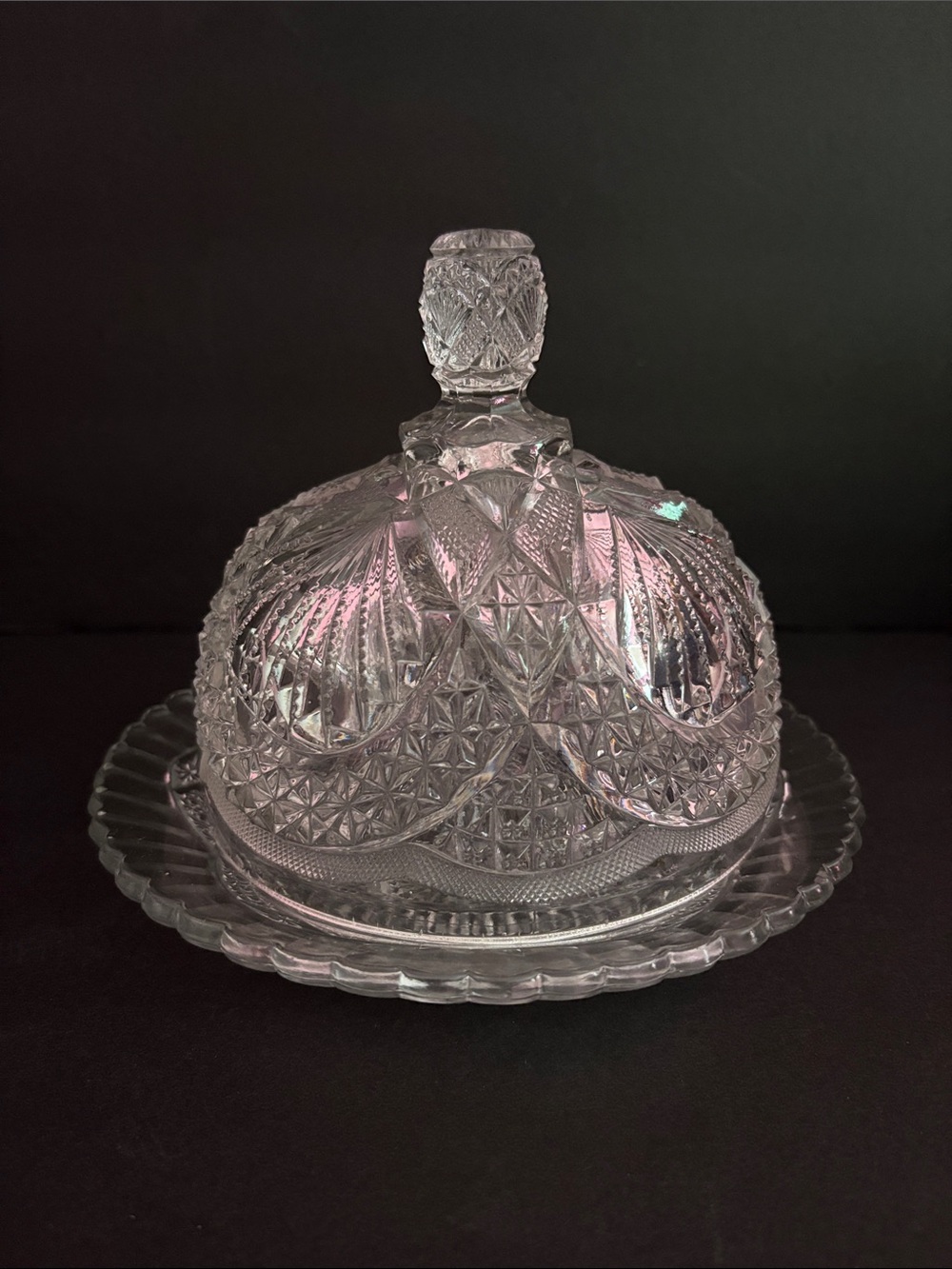 Antique Early American Pressed Glass Hobstar Domed Butter / Cheese Dish